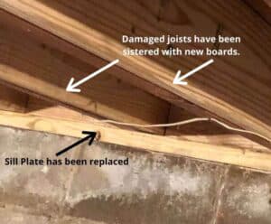 Repaired floor joists illustrating sistering